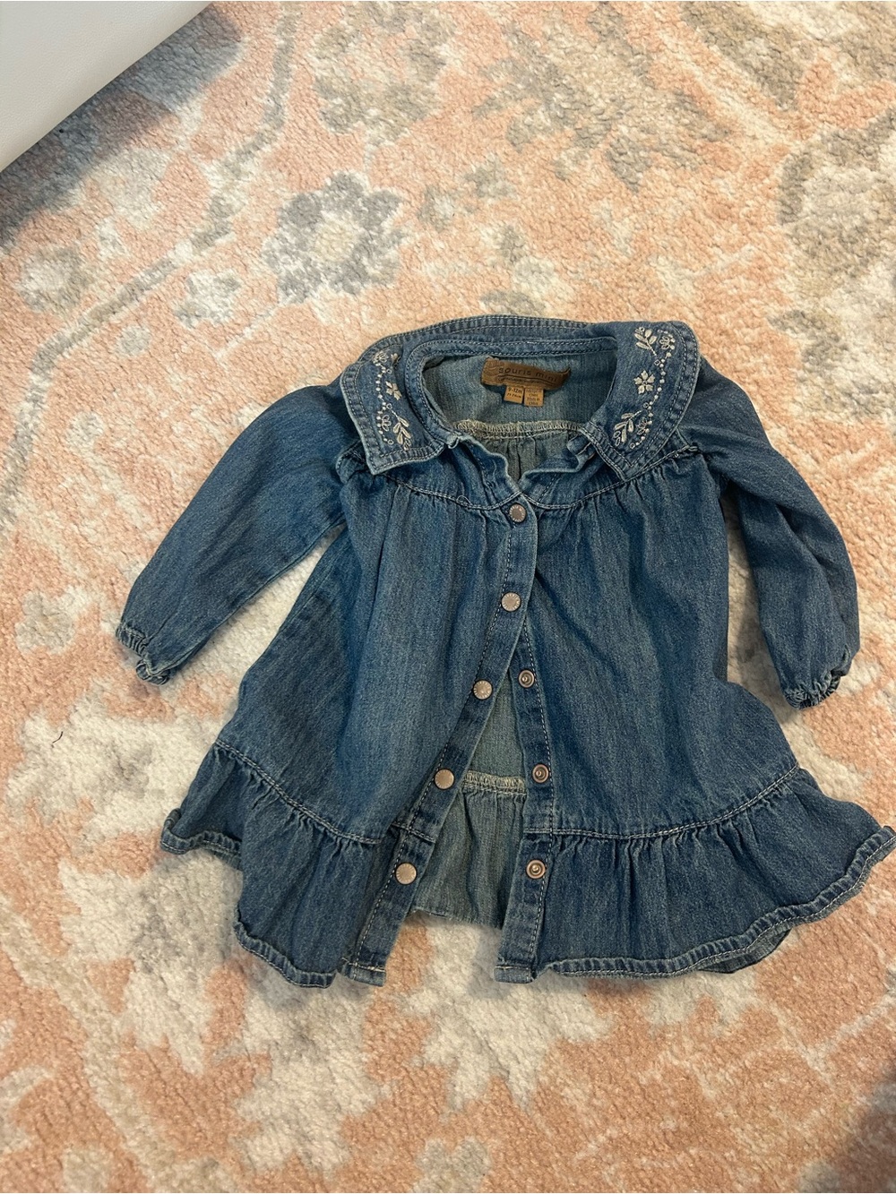 Girls' Denim Button-Front Coat with Embroidered Collar - Blue